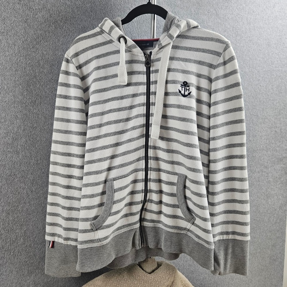 Tommy Hilfiger Striped Nautical Full-Zip Hoodie – Grey & White Mens Size XL